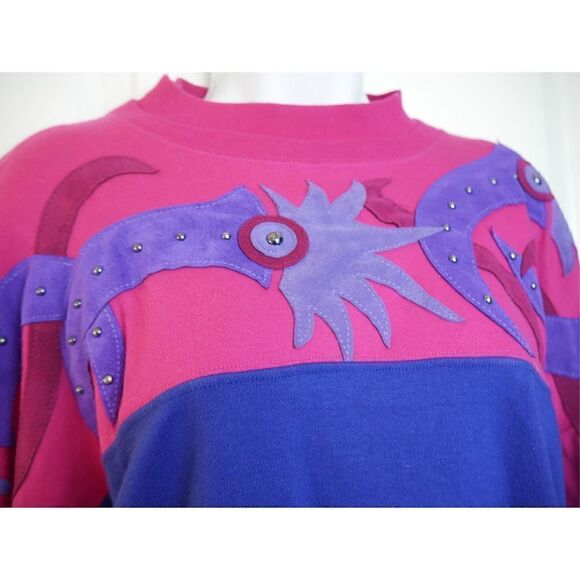 VINTAGE | Red Bandana Studio Patched Pink & Purple Sweatshirt Size Large - Picture 5 of 11
